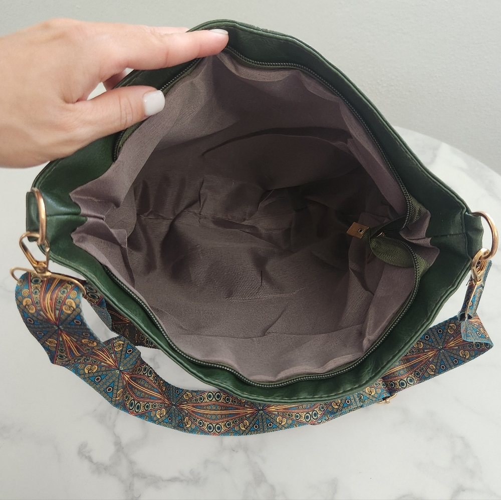 Unisex Army Green Tote Bag with Patterned Boho Strap - Picture 11 of 16
